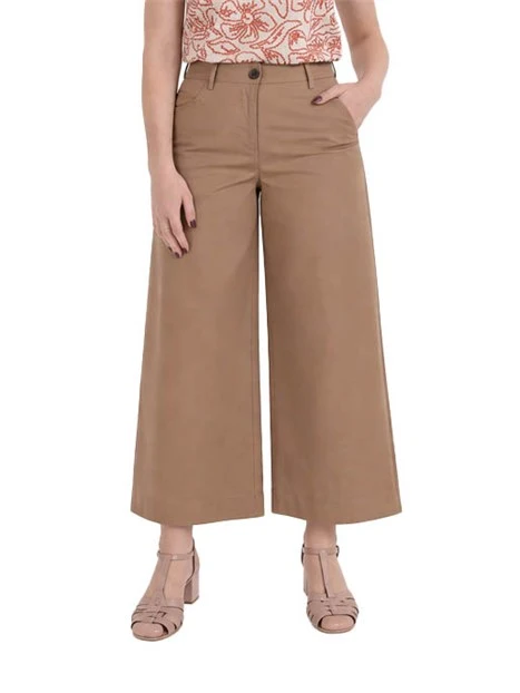 PANTALONE PALAZZO CON ORLO ALTO IMPUTANTO IN GARBADINA DI COTONE DONNA MARRONE