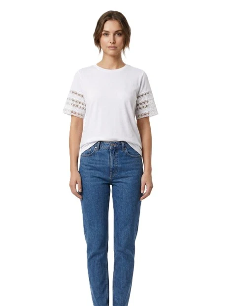 T-SHIRT MANICA CORTA CON INTARSIO CON RICAMO SULLE MANICHE DONNA BIANCO