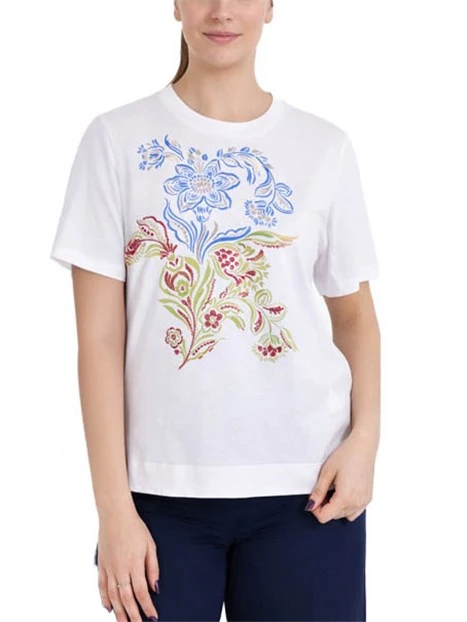 T-SHIRT IN JERSEY DI PURO COTONE CON STAMPA MATTONELLA  E SPACCHETTI LATERALI DONNA BIANCO