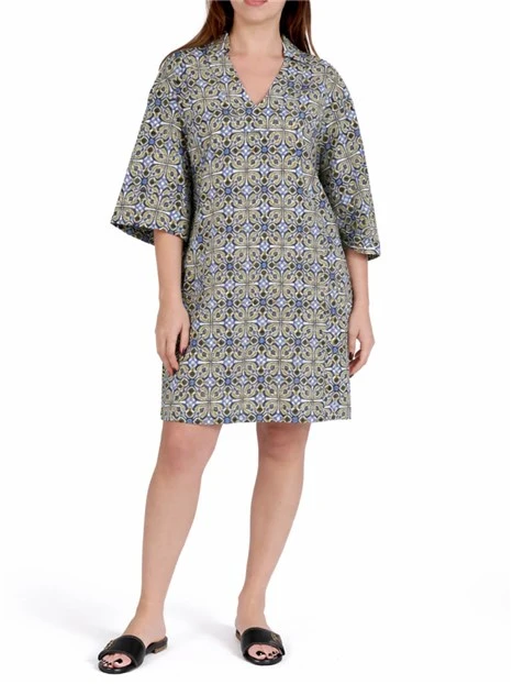 VESTITO CORTO IN MUSSOLA DI COTONE STAMPATA  CON SCOLLO A POLO DONNA AZZURRO