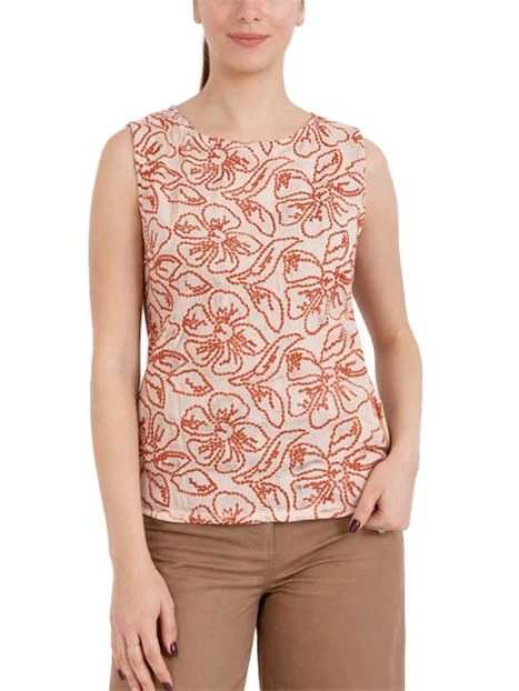 TOP IN COTONE E LINO RICAMATO CON MOTIVO FLOREALE DONNA ROSSO