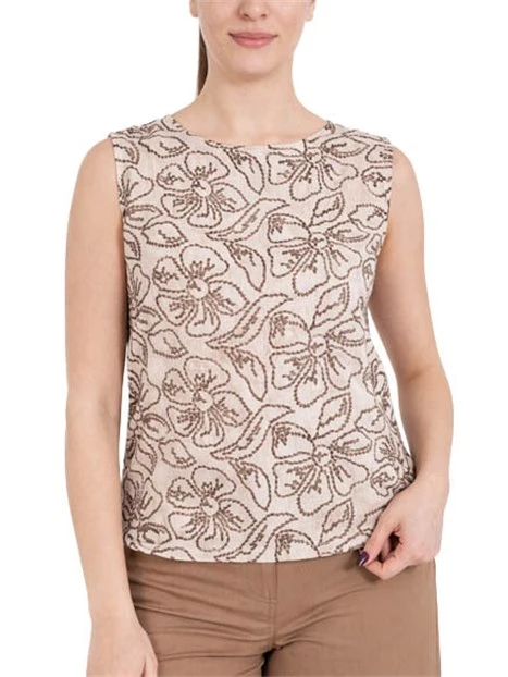 TOP IN COTONE E LINO RICAMATO CON MOTIVO FLOREALE DONNA MARRONE