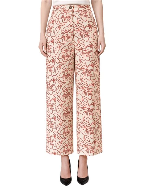 PANTALONE PALAZZO IN TELA DI COTONE E LINO CON RICAMI DONNA ROSSO