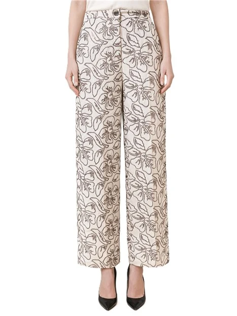 PANTALONE PALAZZO IN TELA DI COTONE E LINO CON RICAMI DONNA BEIGE