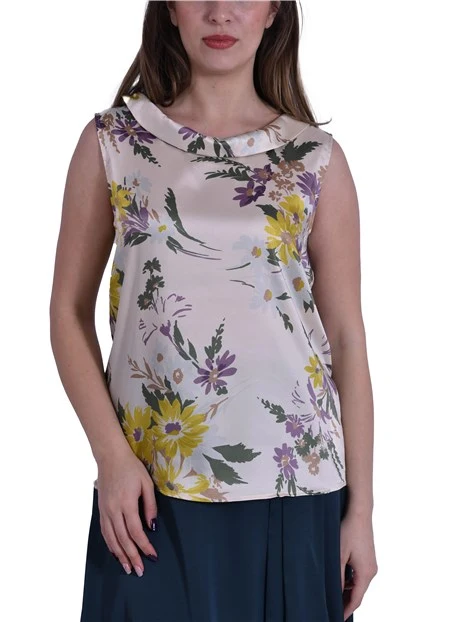 TOP SMANICATO IN TWILL STAMPATO CON SCOLLO A BARCHETTA DONNA BIANCO