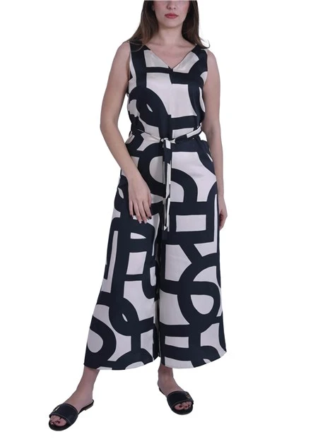 TUTA IN TWILL CON STAMPA GEOMETRICA E CINTURA DONNA NERO