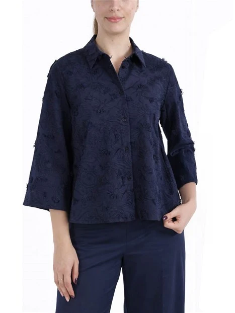 CAMICIA IN POPELINE DI COTONE RICAMATO DONNA BLU