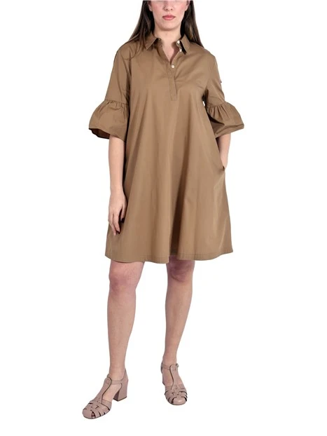 VESTITO CORTO IN PURE COTONE CON MANICHE TRE QUARTI CON BALZA DONNA BEIGE