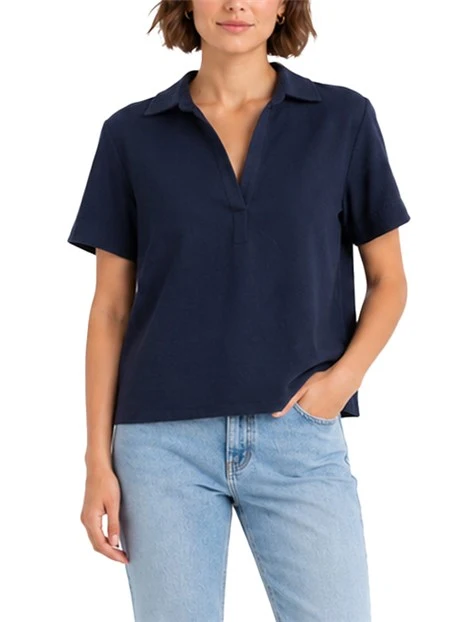 BLUSA CON COLLO A POLO IN MISTO LINO DONNA BLU
