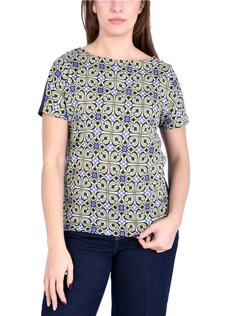 T-SHIRT MANICA CORTA  IN COTONE STRECTH CON RETRO IN JERSEY DONNA AZZURRO