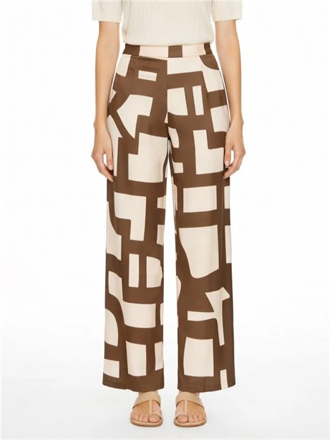 PANTALONE PALAZZO IN TWILL FLUIDO CON STAMPA GRAFICA DONNA BEIGE