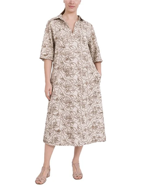 VESTITO IN TELA DI COTONE E LINO RICAMATA DONNA BEIGE