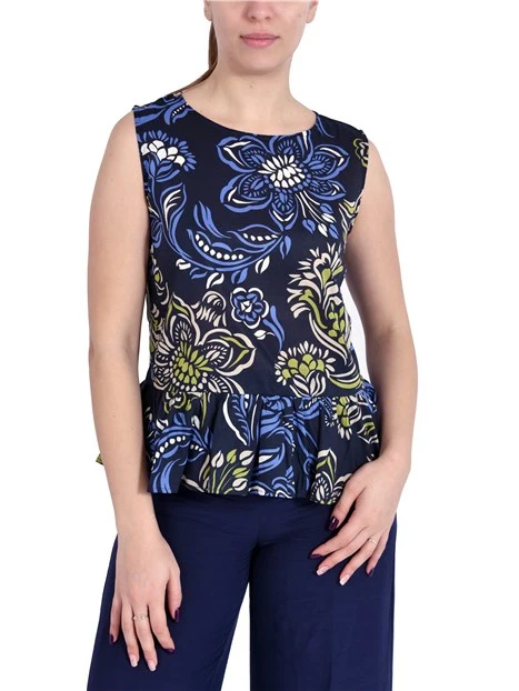 TOP IN MUSSOLA DI COTONE CON BALZA ARRICCIATA DONNA BLU