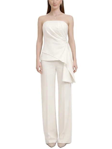 COMPLETO CON TOP ASIMMETRICO E DRAPPEGGIO E PANTALONE PALAZZO DONNA BIANCO