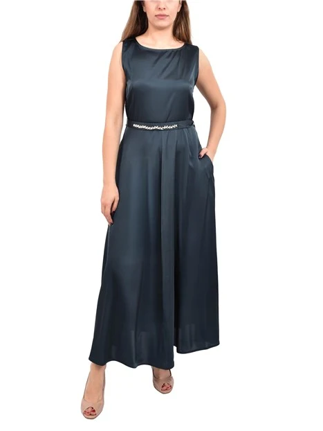 VESTITO LUNGO CON SPACCO E CINTURA CON BIJOUX DONNA VERDE