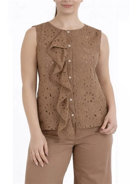 TOP SMANICATO IN MUSSOLA DI COTONE RICAMATO DONNA MARRONE