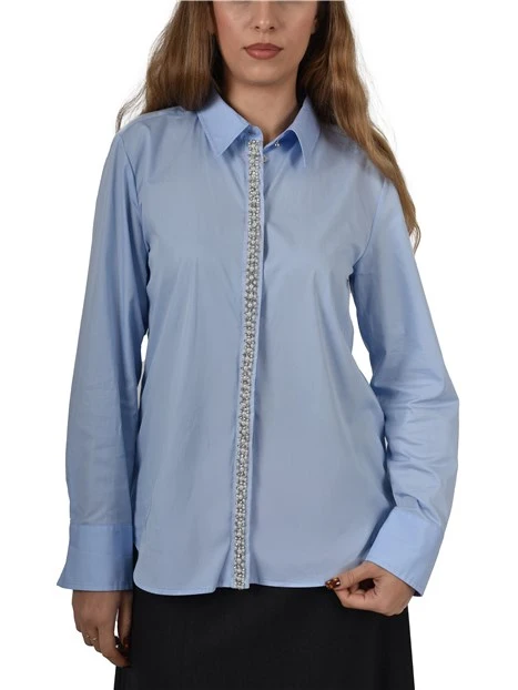 CAMICIA IN COTONE CON CRISTALLI E PERLE DONNA AZZURRO