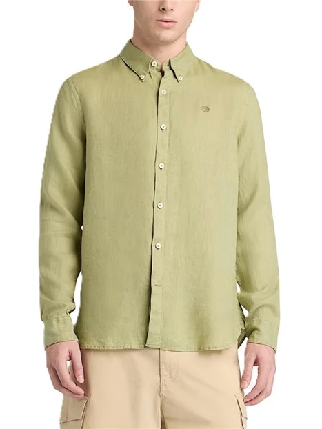 CAMICIA CASUAL IN LINO SLIM FIT CON LOGO RICAMATO UOMO VERDE