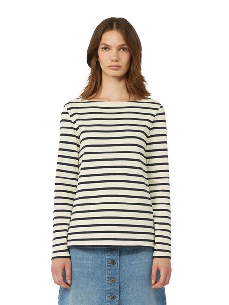 T-SHIRT MANICA LUNGA SCOLLO A BARCA FANTASIA A RIGHE DONNA BEIGE