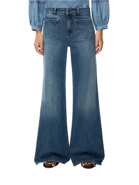 JEANS A ZAMPA CON TASCHE FRONTALI APPLICATE DONNA BLU