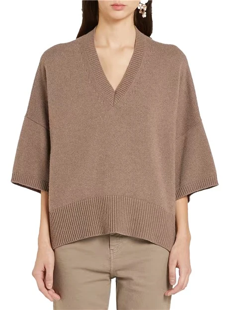 MAGLIA CON SCOLLO A V IN MISTO LANA E CASHMERE CON BORDI A COSTINE DONNA MARRONE