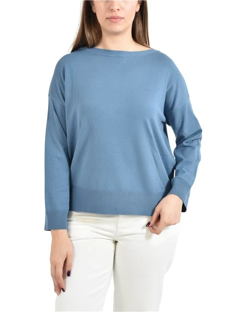 MAGLIA CON SCOLLO A BARCA IN MISTO VISCOSA CON SPACCHI LATERALI DONNA AZZURRO