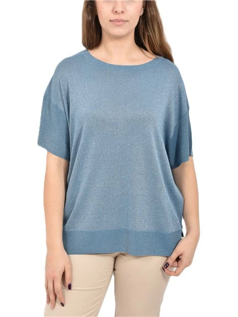 MAGLIA CON SCOLLO A BARCA IN MISTO SETA LUREX DONNA AZZURRO