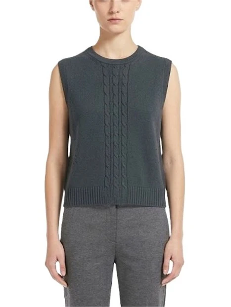 TOP SMANICATO IN MAGLIA CON LAVORAZIONE A TRECCE CON DONNA GRIGIO