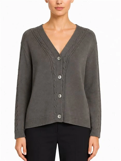 CARDIGAN IN COTONE CON LAVORAZIONE A TRECCE E BOTTONI IN MADREPERLA DONNA GRIGIO