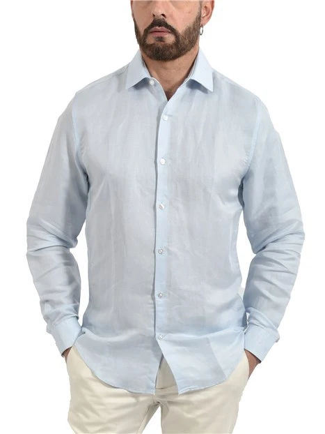 CAMICIA CASUAL SLIM FIT IN MISTO LINO UOMO AZZURRO