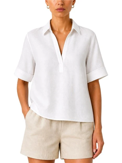BLUSA CON COLLO A POLO IN MISTO LINO DONNA BIANCO
