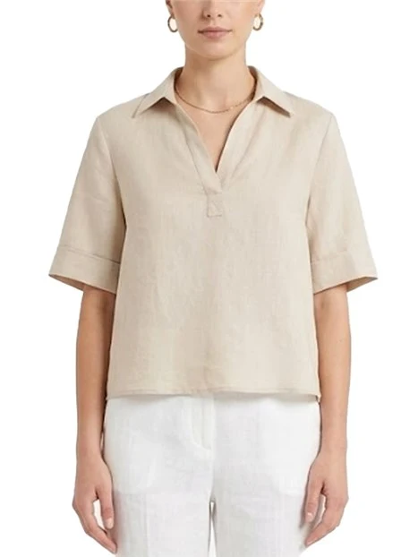BLUSA CON COLLO A POLO IN MISTO LINO DONNA BEIGE
