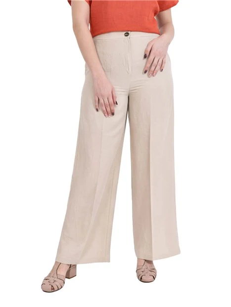 PANTALONE PALAZZO IN MISTO LINO CON PIEGA STIRATA DONNA BEIGE