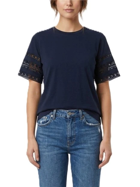 T-SHIRT MANICA CORTA CON INTARSIO CON RICAMO SULLE MANICHE DONNA BLU