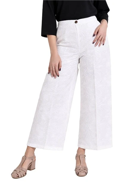 PANTALONE PALAZZO IN TELA DI COTONE E LINO CON RICAMI DONNA BIANCO