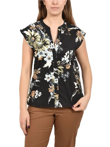 CAMICIA SMANICATA CON STAMPA FLOREALE DONNA NERO