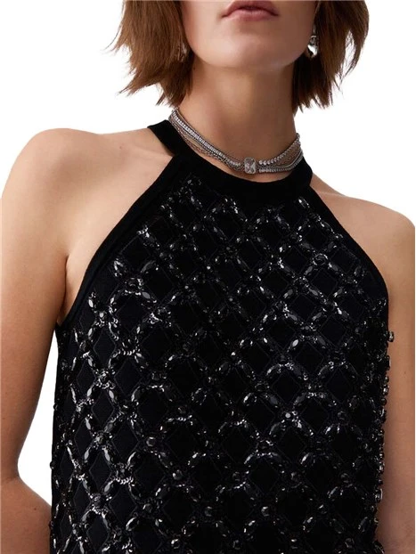 TOP SMANICATO IN MISTO VISCOSA E RICAMI GIOIELLO DONNA NERO