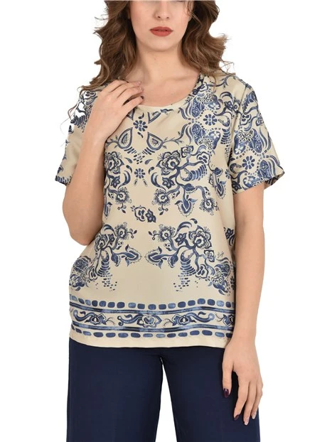 BLUSA MANICA CORTA FANTASIA FOULARD DONNA BIANCO