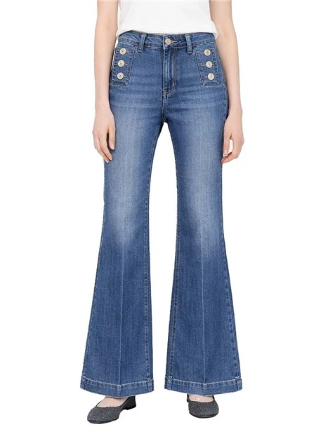 JEANS A ZAMPA CON BOTTONI LATERALI APPLICATI DONNA BLUE JEANS