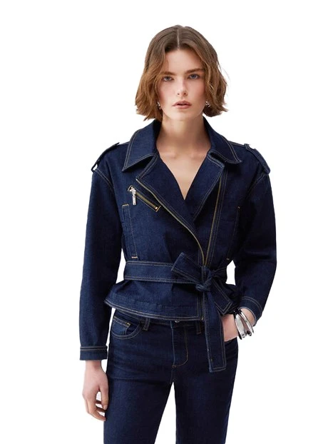 GIACCA CORTA IN DENIM CON CINTURA DONNA BLU JEANS