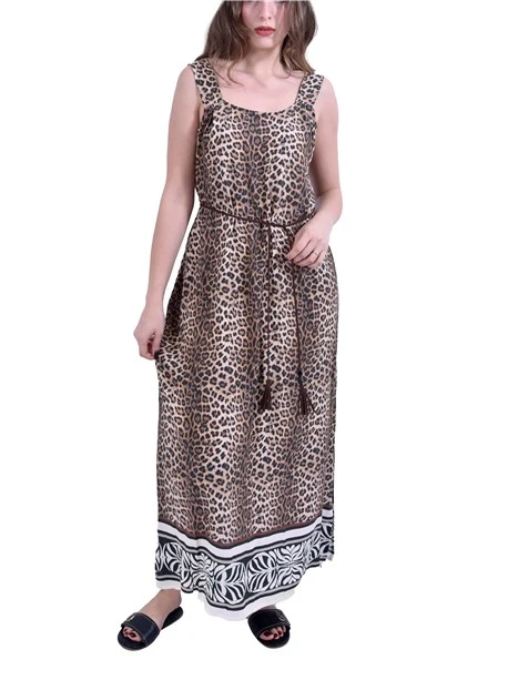 VESTITO LUNGO CON SPALLINE E FANTASIA ANIMALIER DONNA MARRONE