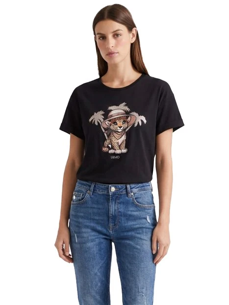 T-SHIRT MANICA CORTA CON STAMPA LEOPARDO DONNA NERO
