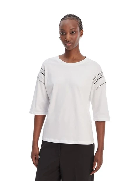 T-SHIRT MANICA CORTA CON DETTAGLIO GIOIELLO APPLICATO DONNA BIANCO