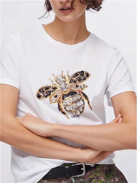 T-SHIRT MANICA CORTA CON STAMPA APE E STRASS DONNA BIANCO