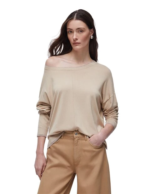 MAGLIA SCOLLO A BARCA CON LOGO RICAMATO DONNA BEIGE