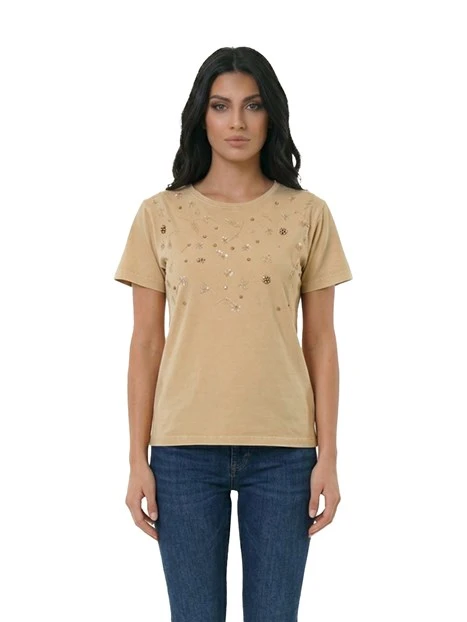 T-SHIRT MANICA CORTA IN COTONE CON RICAMI FLOREALI DONNA BEIGE