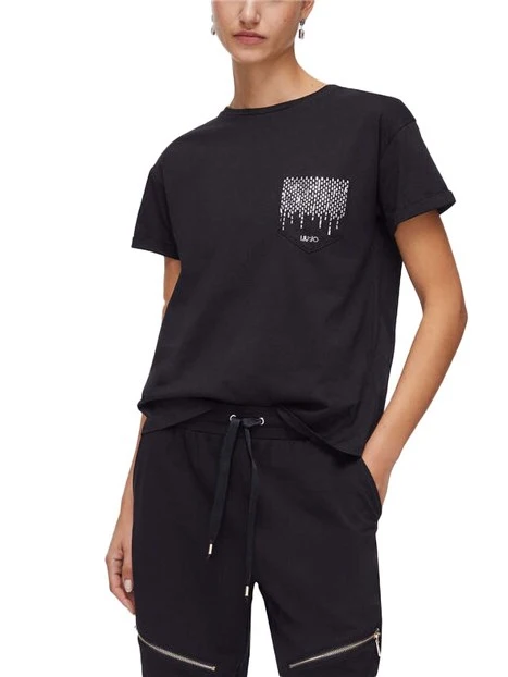 T-SHIRT MANICA CORTA CON TASCA CON STRASS DONNA NERO