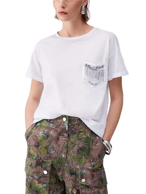 T-SHIRT MANICA CORTA CON TASCA CON STRASS DONNA BIANCO