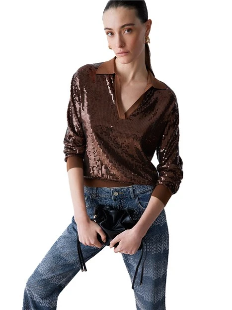 MAGLIA SCOLLO A V CON PAILLETTES RICAMATE DONNA MARRONE