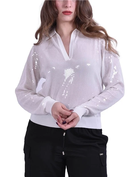 MAGLIA SCOLLO A V CON PAILLETTES RICAMATE DONNA BIANCO